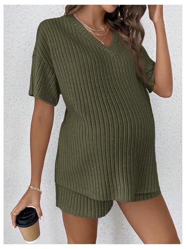 MakeMeChic Women's Maternity 2 Piece Sets Ribbed Shirt and Biker Shorts - color: Olive Green, size: Large