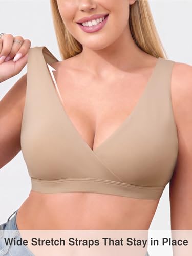Nursing Bra for Breastfeeding Wireless V Neck Sleep Bra - color: Beige, size: Large