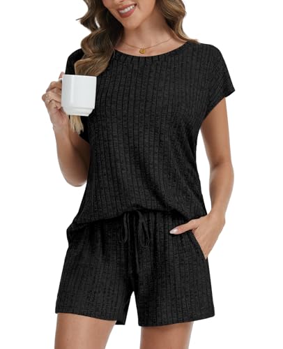 Womens Pajamas 2 Piece Lounge Sets Summer Sleepwear Short Pjs - color: Black, size: Medium
