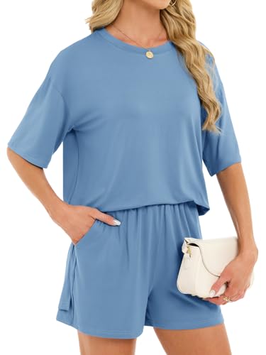 Women's 2 Piece Short Sets Loose Lounge Sets Oversized Summer Matching Sets - color: Blue, size: XX-Large