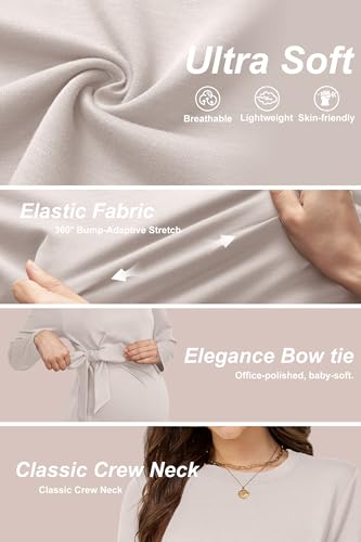 OUGES Women's Bow Tie Waist Maternity Shirts Long Sleeve Pregnancy Tops Crew Neck Fall Winter Elegant Business Blouse - color: Oat Grey, size: Small