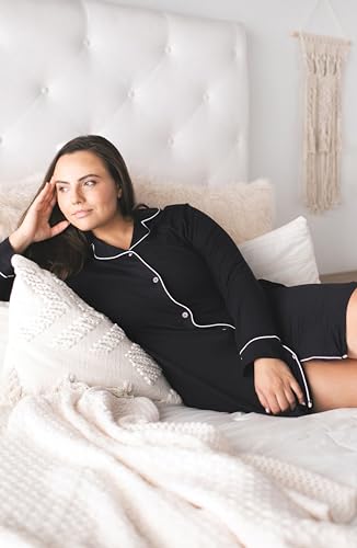 Cherrydew Women's Bamboo Viscose Cooling Long Sleeve Button Front Nightgown - color: Black, size: X-Large