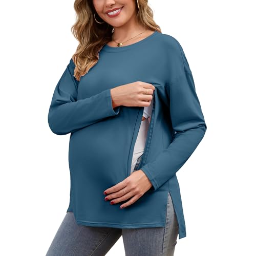 Women's Nursing Shirts Long Sleeve with Hidden Zipper Oversized Breastfeeding Tops Side Split Maternity Blouse - color: Heather Blue, size: Medium