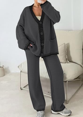 PRETTYGARDEN Women's Fall 2 Piece Knit Sweater Lounge Set - color: Dark Grey, size: Large