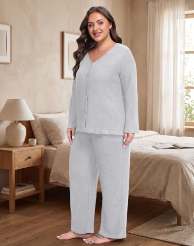 Plus Size Pajama Set for Women Long Sleeve Loose Fit Loungewear - color: Light Gray, size: XX-Large Plus