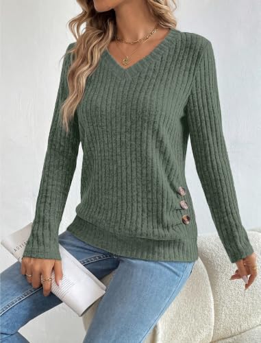 Sampeel V Neck Long Sleeve Shirts Button Side Sweaters Color Block Tops - color: Green, size: Small