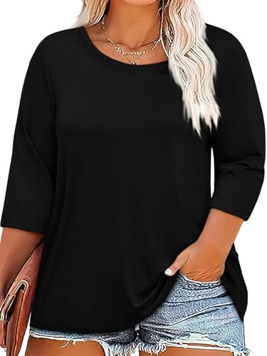 ZDC Womens Plus Size Shirts 3/4 Sleeve Tops Casual Crew Neck Blouse - color: Black, size: XX-Large
