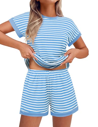 Ekouaer Two Piece Sets for Women Summer Striped Lounge Set Vacation Outfit - color: Blue Striped, size: Medium