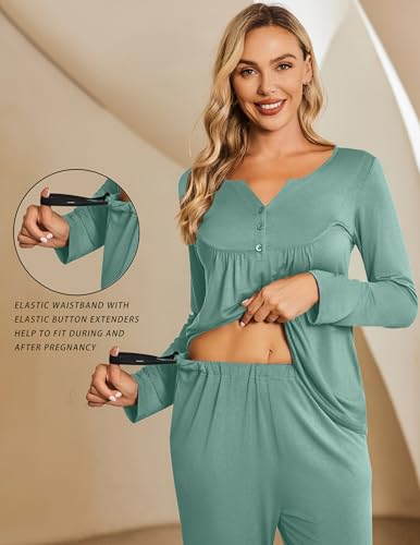 Ekouaer Maternity Nursing Pajama Set Long Sleeve Postpartum Pjs Mom Clothes - color: Aqua, size: XX-Large