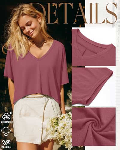 Huukeay 3 Pack Women's Oversized V Neck T Shirts - color: Berry, White, Aqua, size: Small