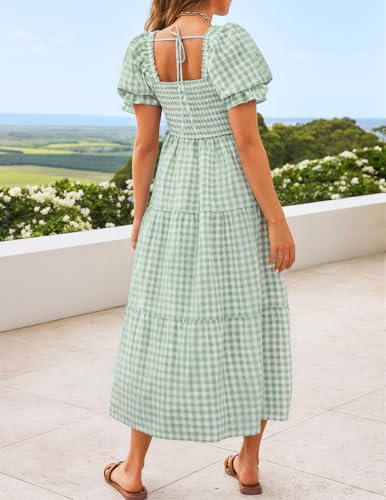 ZESICA Women's Summer Boho Gingham Puff Sleeve Square Neck Beach Midi Dress - color: Green, size: X-Small
