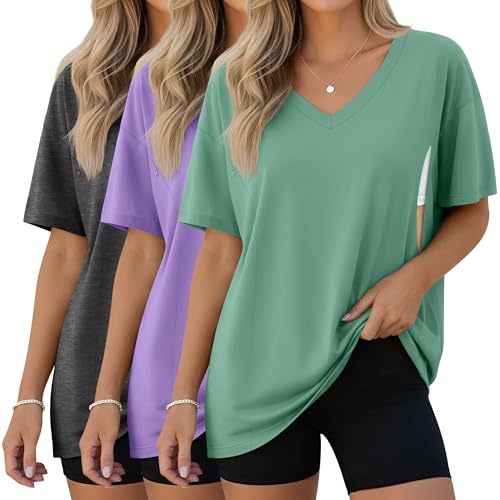 3 Pack Women's Oversize Nursing Shirts - color: Light Green, Light Purple, Dark Gray, size: XX-Large