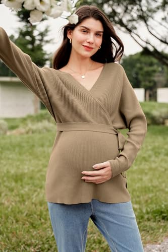 OUGES Womens Soft Cotton Blend Maternity Sweater Wrap V Neck Long Sleeve V Back Fall Shirts Pregnancy Outfits with Belt - color: Coffee, size: Large