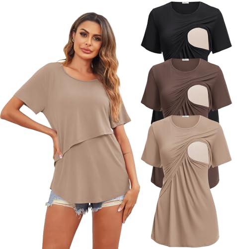3 Pack Women Nursing Tops Short Sleeve Breastfeeding Shirts Maternity Tees - color: 3pcs- Black + Brown + Khaki, size: X-Large