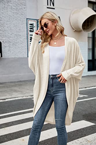 Womens Open Front Knit Cardigan Long Batwing Sleeve Oversized Sweater Chunky Waffle Cable Boho Pockets Coat - color: Beige White, size: Large