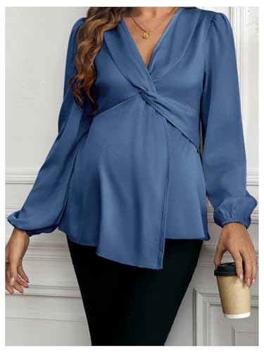 MakeMeChic Women's Maternity Shirts Blouse Satin Work Clothes Babydoll Tops - color: Blue, size: Medium