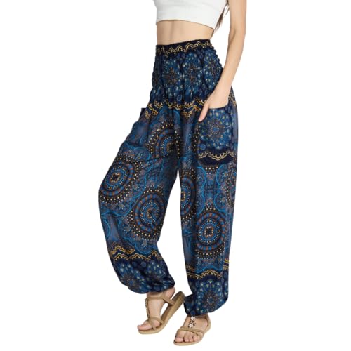 Tranquil Threads High-Waisted Boho Harem Yoga Pants for Women - color: Purple Flower, size: Medium