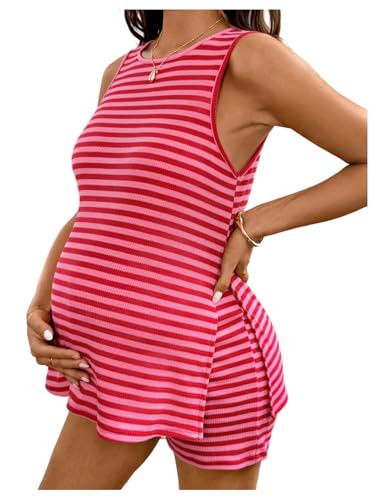MakeMeChic Women's Maternity Sets Striped Tank Tops Shorts Lounge Set - size: Large