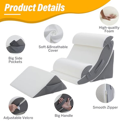 Wedge Pillow Set for After Surgery – 5PCS Orthopedic Bed Wedge Pillow Set for Sleeping, Body, Back and Leg Pain Relief - color: Grey