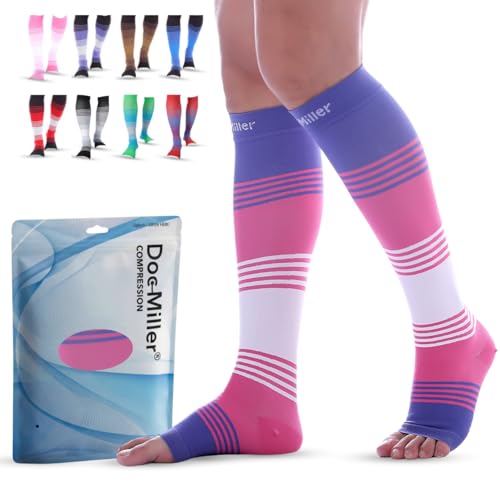 Doc Miller Open Toe Compression Socks 20-30 mmHg for Women & Men, 1 Pair - color: Open Toe PinkVioletWhite, size: Medium