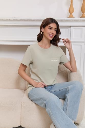 Zipper Breastfeeding Shirts for Women Distressed Maternity Tees with Pocket - color: Celadon Green, size: Large