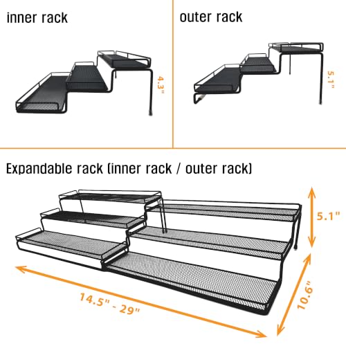 3 Tier Wide Expandable Cabinet Spice Rack Organizer (14.5" to 29.1") - Step Shelf with Protection Railing, Black - color: Large & Wide