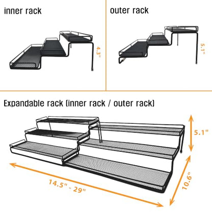 3 Tier Wide Expandable Cabinet Spice Rack Organizer (14.5" to 29.1") - Step Shelf with Protection Railing, Black - color: Large & Wide