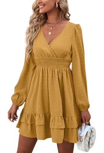 Rooscier Women's Wrap V Neck Swing Ruffle Swiss Dots Long Sleeve Mini Dress - color: Lemon Yellow, size: Small