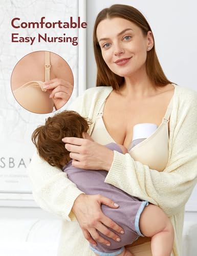 HOFISH Maternity Nursing Bras for Breastfeeding, 3 Pack Pregnancy Deep V Neck Wireless Bra with Extenders & Clips - color: Fixed Pad(pink-black-beige), size: Medium