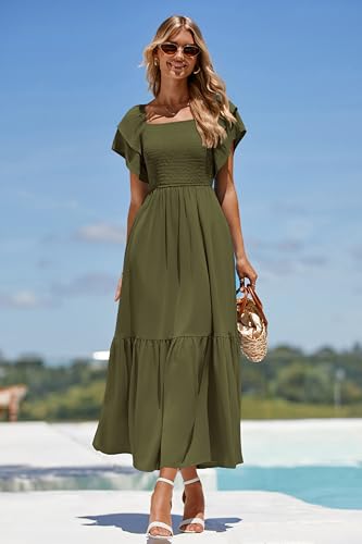 MASCOMODA Womens Summer Casual Smocked Flowy Midi Dress - color: Army Green, size: Small