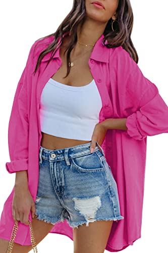 FSHAOES Womens Oversized Button Down Shirts Casual Loose Long Sleeve Solid Lapel Long Blouses Tops with Pockets - color: 06-pink, size: Medium