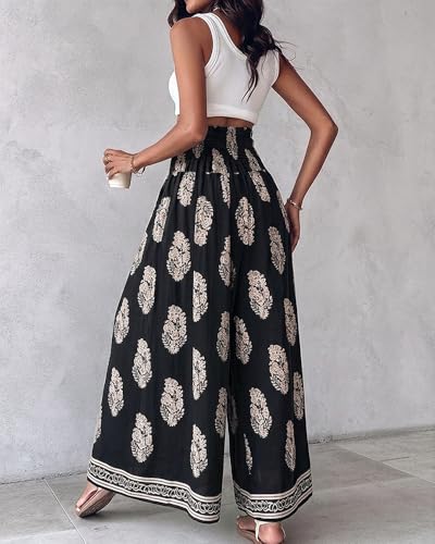CHICME Womens Boho High Waisted Wide Leg Palazzo Pants Beach Vacation Wear - color: Black, size: X-Large