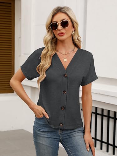 TICTICMISS Womens Summer Tops Short Sleeve Button Down V Neck T Shirts - color: Charcoal, size: Medium