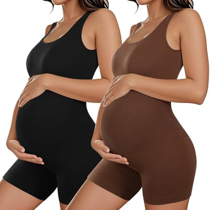 Coume 2 Pcs Maternity Romper Ribbed Pregnancy Bodysuit - color: Black, Coffee, size: Medium