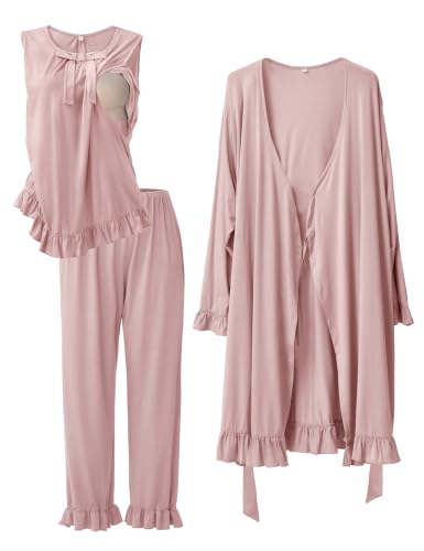 SUNNYBUY 3 PCS Ruffle Maternity Nursing Pajamas Set & Robe for Postpartum - color: Dusty Rose, size: Small