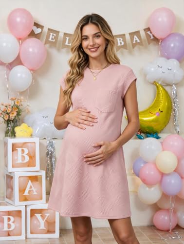 OUGES Women's Summer Casual Cap Sleeve Mini Maternity Dress with Pockets - color: Deep Pink, size: Medium