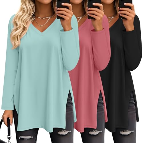 Huukeay 3 Pack Women's Oversized Long Sleeve V Neck Shirts - color: Black, Brick Red, Gray Green, size: X-Large