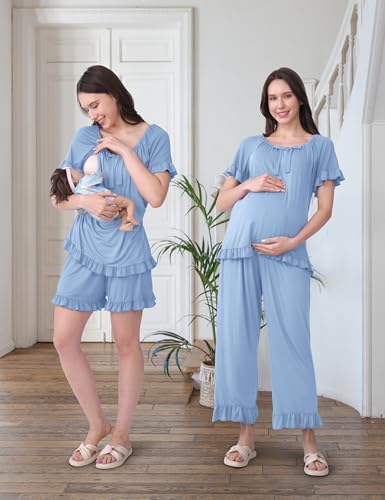 SUNNYBUY 3 PCS Ruffle Nursing Pajamas Set with Bow, Maternity Sleepwear - color: Sky Blue, size: Medium