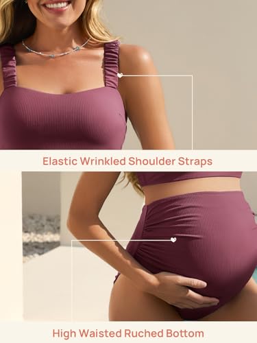 Summer Mae Ribbed Maternity Bikini Swimsuit Two-Piece Crop Top Bathing Suit - color: Marsala, size: 6-8