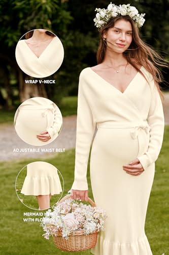 OUGES 2025 Maternity Sweater Nursing Dress for Photoshoot Baby Shower Wedding Guest Outfits Fishtail Ribbed Knit Clothes - color: Apricot, size: Large