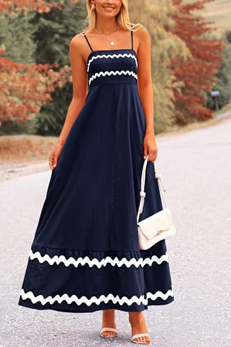 PRETTYGARDEN Women's Summer Spaghetti Strap Boho Maxi Dress - color: Dark Blue, size: X-Large
