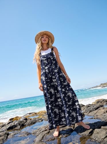 Lepunuo Summer Dresses Women Bib Overall Dresses Adjustable Beach - color: Floral Navy Blue, size: XX-Large