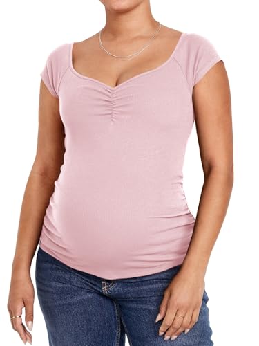 Tankaneo Womens Vneck Maternity Tops Cap Sleeve Fit Ribbed Pregnancy Tshirt - color: Pink, size: Medium