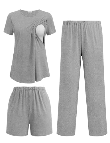 Ekouaer 3 Piece Maternity Nursing Pajamas Set Short Sleeve Breastfeeding Pjs - color: Grey, size: Medium
