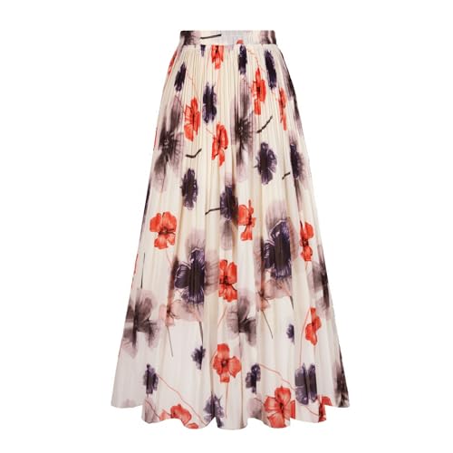 OBBUE Women's Chiffon Pleated Skirt A-line Skirts - color: Beige Flower, size: Medium
