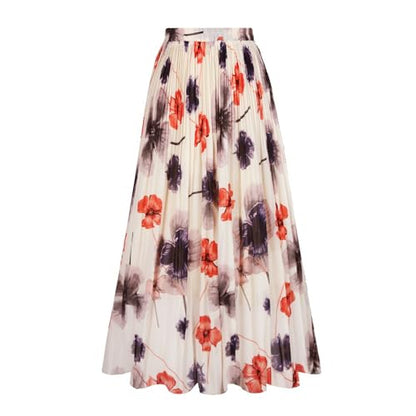 OBBUE Women's Chiffon Pleated Skirt A-line Skirts - color: Beige Flower, size: Medium