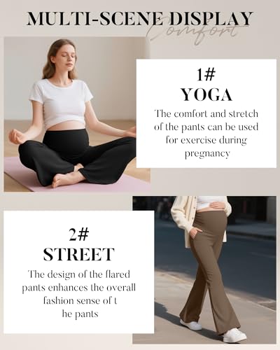 3 Pack Women's Maternity Pants Comfy Flare Trousers - color: Black, Coffee, Cream, size: Medium
