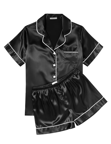 Ekouaer Womens Silk Satin Pajama Sets Soft Short Sleeve Button Up Sleepwear - color: Black, size: XX-Large