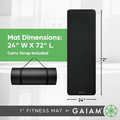Gaiam Thick Yoga Mat, Exercise & Fitness Mat with Easy-Cinch Carrying Strap - color: Black, size: 1"