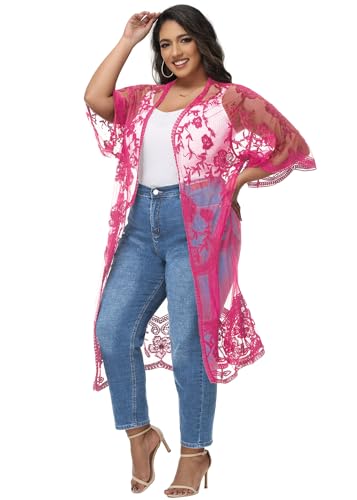 Anna-Kaci Women's Plus Size Lace Cardigan Embroidered Long Kimono Dusters with Half Sleeves - color: Rose, size: X-Large-XX-Large